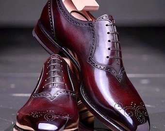 Zapatos formales Good Year Welted para hombre, Oxford, corte completo, con cordones, color burdeos y negro