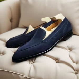Handmade Navy Blue Suede Moccasin Shoes, Casual Loafer Shoes for Men