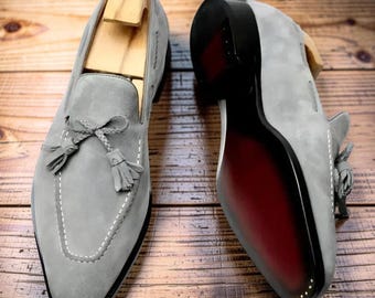 Zapatos nuevos hechos a mano, zapatos grises con borlas para hombre, zapatos de vestir, mocasines de oficina,