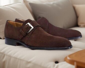 Men's Brown Suede Leather Monk Strap Shoes: Handmade Formal Dress Shoe