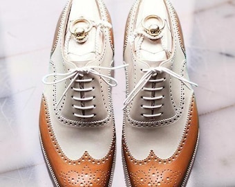 Men's Handmade Men Two Tone Calf Leather Wingtip Oxford Lace up Dress Shoes