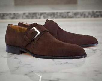 New Men's Luxury Handmade Suede Single Monk Strap Brown hand welted shoes