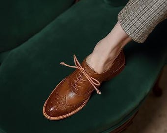 Handmade Women's Brown Leather Lace up Oxford Formal Dress Shoes, Stylish Shoe.