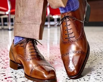Tailor Made Men's Dark Brown Leather Oxford Whole-Cut Brogue Lace Up Dress Shoes
