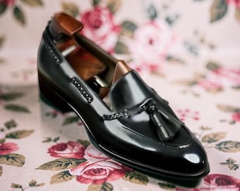 Handmade black leather dress shoes, moccasin slip ons office shoes for men’s