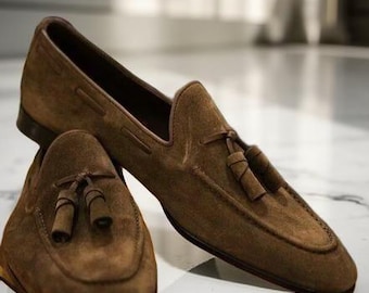 New Handmade Pure Brown Suede Leather Stylish Tassels Loafer Shoes for Men's