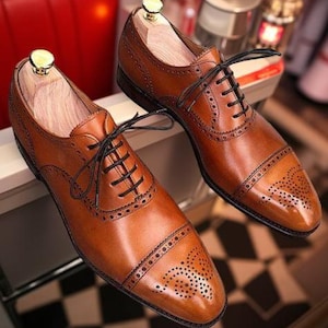 Tailor Made Brown Leather Oxford Toe Cap Brogue Lace Up Handmade Dress Men Shoes