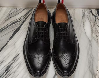 Men's Handmade Genuine Black Leather Oxford Lace Up Wingtip Formal Dress Shoes