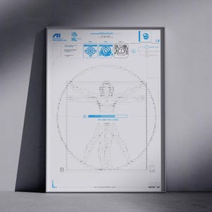 Op de afbeelding: Ingelijste poster met een witte achtergrond en blauwe technische diagrammen. De poster heeft een cirkelvormig ontwerp dat lijkt op de Vitruviusman, samengesteld uit teksttekens. De bovenkant van de poster bevat de tekst "AI SKILLS LABS CORP".