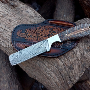Damascus Steel Cowboy Bull Cutter Knife | Pinecone Handle | Cross Draw Leather Sheath | Handmade Hunting & Butcher Knife