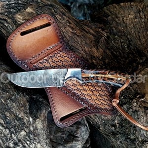 Handgemachtes Damaszener Ranchmesser: Pinecone Griff, Lederscheide