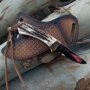 Custom made cowboy knife with antler handle and pancake leather sheath - d2 mirror finish blade