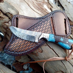 Cowboy knife and sheath gift - Damascus stee blade pancake leather sheath best birthday gift