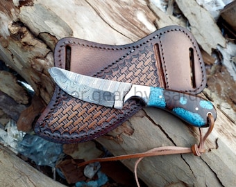 Handmade Damascus Steel Cowboy Knife: Rosewood Handle, Western Leather Sheath