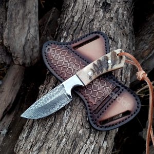May include: A small, decorative knife with a patterned blade and a light-colored handle. The knife rests on a brown leather sheath with a geometric design. A leather cord is attached to the handle.