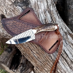 Horse rasp steel cowboy knife with deer antler handle and tooled leather sheath best gift for him gift for husband Christmas gift knife gift