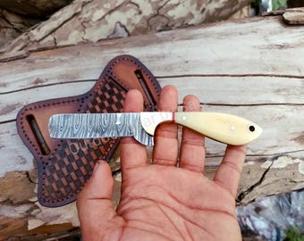 Damascus Steel Ranch Bull Cutter Knife: Camel Bone Handle, Leather Sheath, wedding gifts, Fathers day gift, Personalized gift for him
