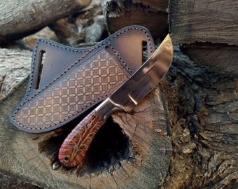 Cowboy Knife: Mirror Finish Carbon Steel Blade, Pinecone Handle, Leather Sheath