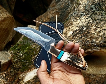 Mens gifts Copper Damascus steel cowboy knife with turquoise antler handle and belt carry pancake sheath wedding gifts