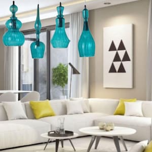 Turquoise Blown Glass Pendant Light Set – Handmade Artistic Lighting for Kitchen Island, Dining Room, or Bar – Modern Coastal Glass Lamps
