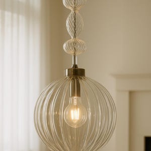 Suspension sphérique en verre nervuré, plafonnier moderne soufflé à la main, éclairage artisanal personnalisé pour salle à manger, cuisine ou entrée