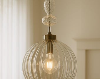 Handblown Ribbed Glass Globe Pendant Light - Modern Artisan Lighting