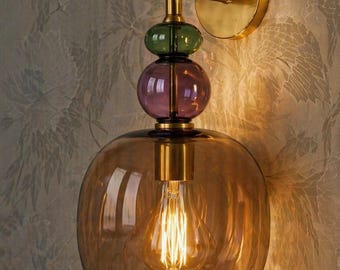 Handblown Ribbed Glass Wall Sconce, Brass Fixture, Amber Green Purple Accent Light