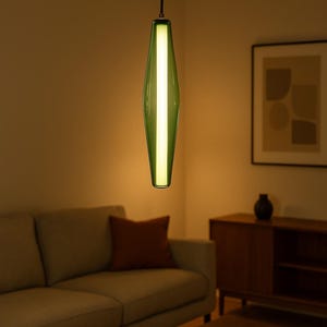 Slim Green Glass Pendant Light – Handblown Modern Hanging Lamp – Minimalist Ceiling Light Fixture for Kitchen, Bar, or Hallway