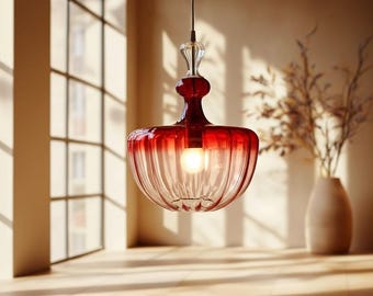 Hand Blown Red Ombre Glass Pendant Light: Ribbed Vintage Modern Lighting