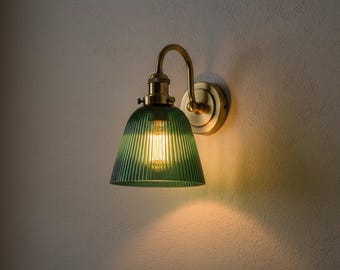 Hand Blown Green Ribbed Glass Sconce, Brass Wall Light, Modern Vintage Lamp