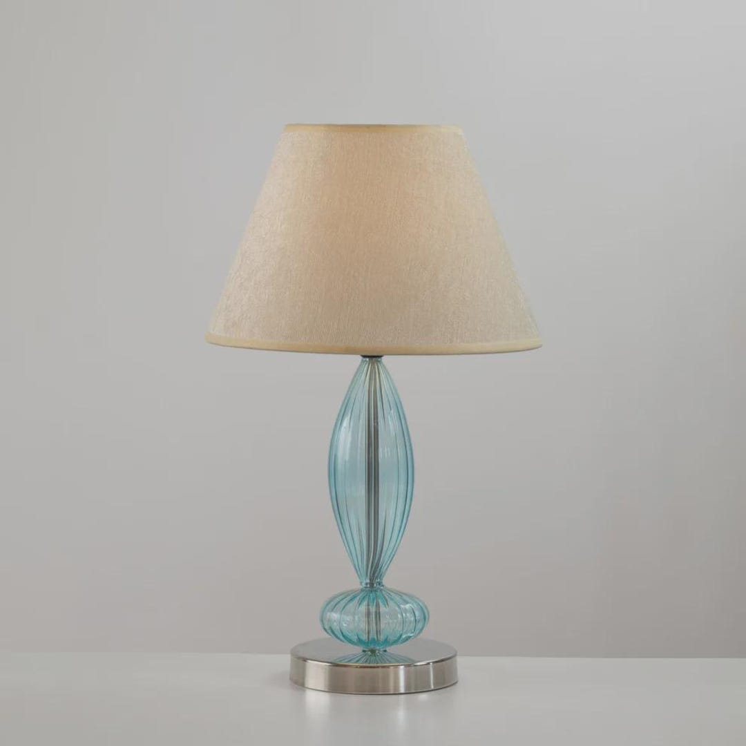 Blue Ribbed Glass Table Lamp - Beige Linen Shade, Coastal Farmhouse ...