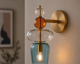 Handmade Colored Glass Wall Sconce, Brass Mid Century Lamp, Artistic Hallway Lighting