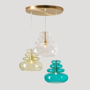 Modern Bubble Glass Pendant Light Trio – Handblown Cluster Chandelier with Brass Canopy – Contemporary Dining or Kitchen Ceiling Fixture
