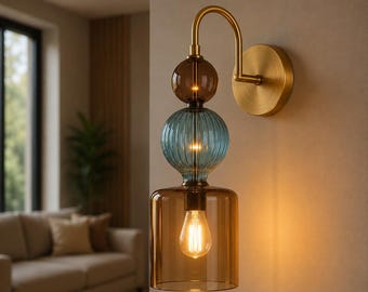 Handmade Smoked Glass Wall Sconce, Brass Mid Century Lamp, Artistic Hallway Lighting