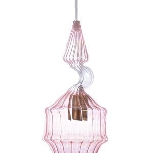 Handblown Pink Ripple Glass Pendant Light – Sculptural Modern Boho Lighting for Dining Room or Entryway