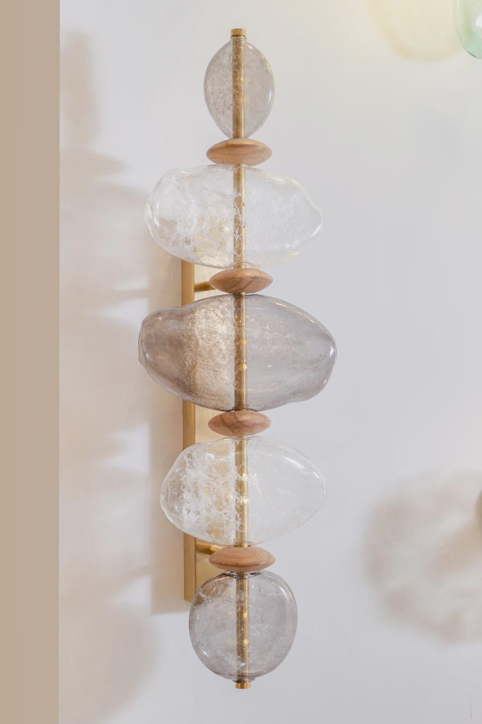 Hand Blown Glass Wall Sconce: Frosted Organic Design With Brass & Wood