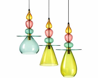 Hand Blown Glass Chandelier, Triple Pendant, Brass Base