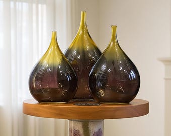 Hand Blown Teardrop Glass Vases: Amber & Plum Gradient, Set of 3
