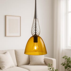 Amber Glass Pendant Light – Modern Textured Blown Glass Ceiling Light for Kitchen Island or Dining Room – Industrial Hanging Lamp