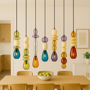 Colorful Glass Chandelier – Hand Blown Stacked Pendant Cluster – Sculptural Modern Lighting for Dining Room, Stairwell, or Kitchen Island