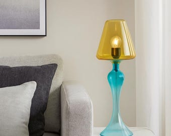 Lámpara de mesa de vidrio soplado a mano: iluminación Art Déco moderna en tonos aguamarina y ámbar