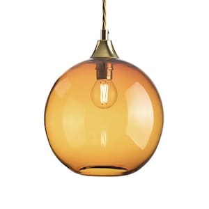 Large Amber Glass Pendant Light – Handblown Borosilicate Globe with Brass Finish | Modern Lighting for Kitchen, Dining Room or Entryway