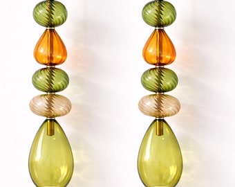 Glass Wall Sconces Set of 2, Hand-Blown Green and Amber Stacked Glass, Brass Mount