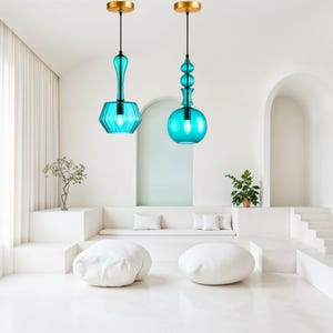 Teal Glass Pendant Lights set of 2– Hand Blown Modern Boho Lighting – Custom Shapes for Kitchen Island, Dining Room, or Living Space