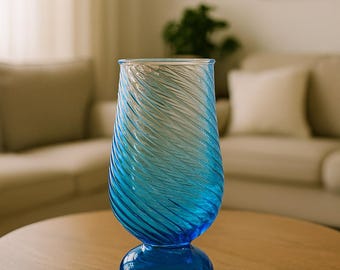 Blue Ribbed Glass Cup: Handmade Swirl Vintage-Style Tumbler
