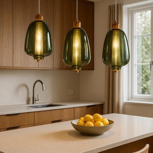Green Murano Style Glass Pendant Light – Handblown Bell-Shaped Hanging Light Fixture – Modern Vintage Ceiling Lamp for Kitchen, Bar