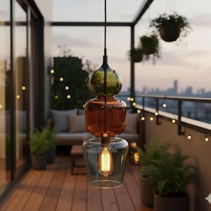 Hand Blown Glass Pendant Light, Sculptural Stacked Lamp, Modern Artistic Lighting