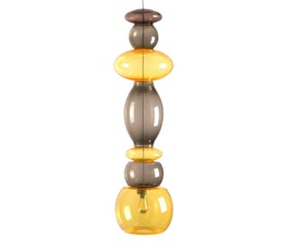 Hanglamp van mondgeblazen glas: amber en rookgrijs - moderne art deco uit het midden van de eeuw
