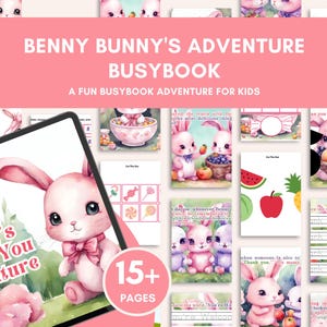 Op de afbeelding: Een roze konijn met een roze strik is te zien op de cover van een printbaar activiteitenboek voor kinderen. Het boek heet "Benny Bunny's Adventure Busybook" en heeft meer dan 15 pagina's.