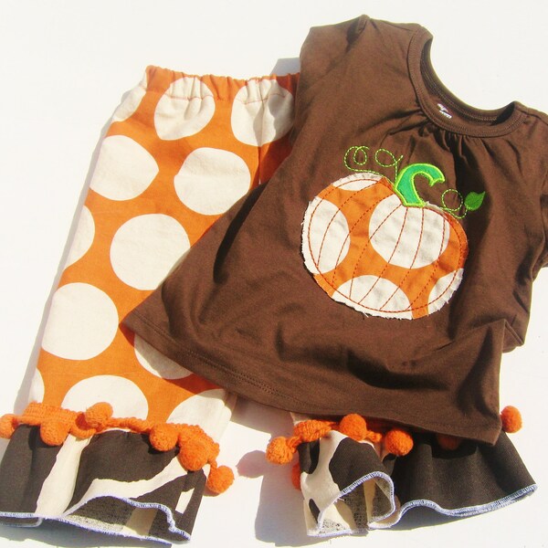 6-12 M Girls or Boys PUMPKIN OUTFIT  Applique Shirt and Girls Ruffle Pants Or Boys  Polka dots and pom pom trim  Fall Thanksgiving Halloween
